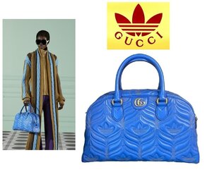 60万新品◆グッチ GUCCI×adidas GGゴールドロゴ×キルティングトレフォイル柄ボストンダッフルバッグ ブルー青 1円</a></h3>
                        